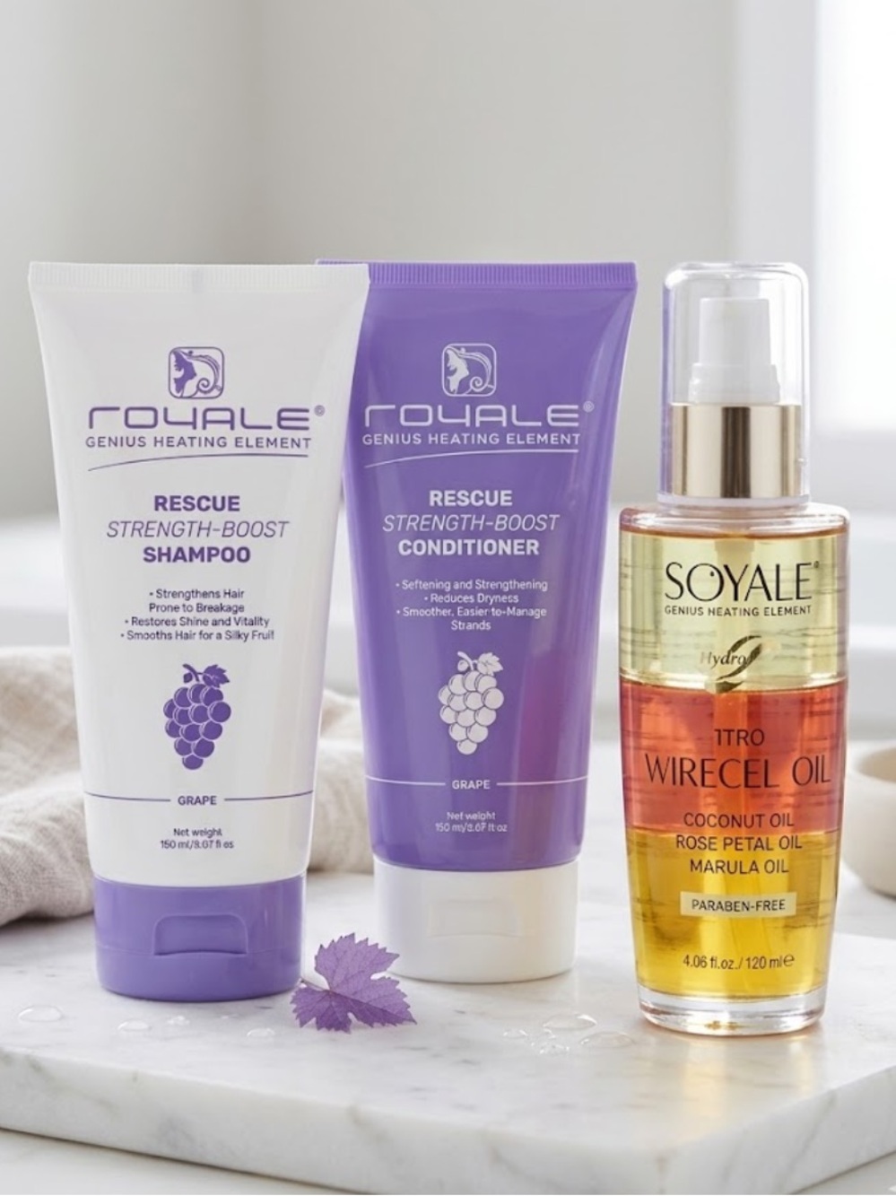 $449~Royale Rescue Strength-Boost Shampoo & Conditioner + Soleil Miracle Oil Duo